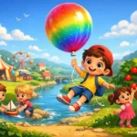 Cute boy flying with a colorful magic balloon over a river and town in a bright 3D animated children’s story scene.