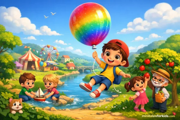 Cute boy flying with a colorful magic balloon over a river and town in a bright 3D animated children’s story scene.