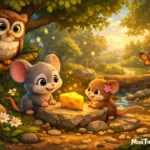 Cute mice discovering a glowing golden cheese in a magical forest with an owl and birds, colorful 3D cartoon illustration for kids story.