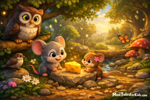 Cute mice discovering a glowing golden cheese in a magical forest with an owl and birds, colorful 3D cartoon illustration for kids story.