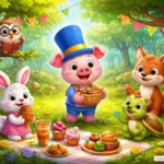 Cute 3D pig with blue hat celebrating a forest party with animal friends in a colorful woodland scene
