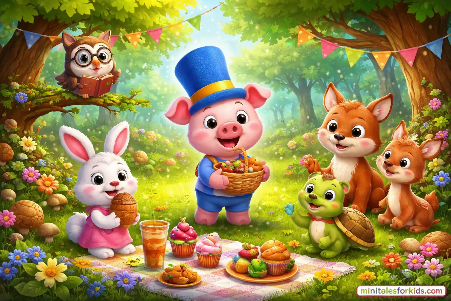 Cute 3D pig with blue hat celebrating a forest party with animal friends in a colorful woodland scene