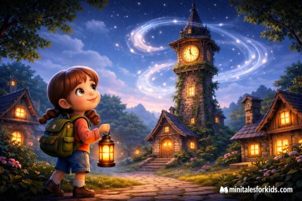 An educational children's story illustration in 3D animation style of a curious girl holding a lantern and looking at a magical clock tower at night.