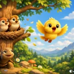 A 3D animated children's fairy tale image featuring a cute yellow bird making its first flight, and its family and turtle watching it.