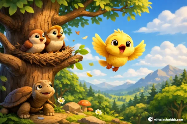 A 3D animated children's fairy tale image featuring a cute yellow bird making its first flight, and its family and turtle watching it.