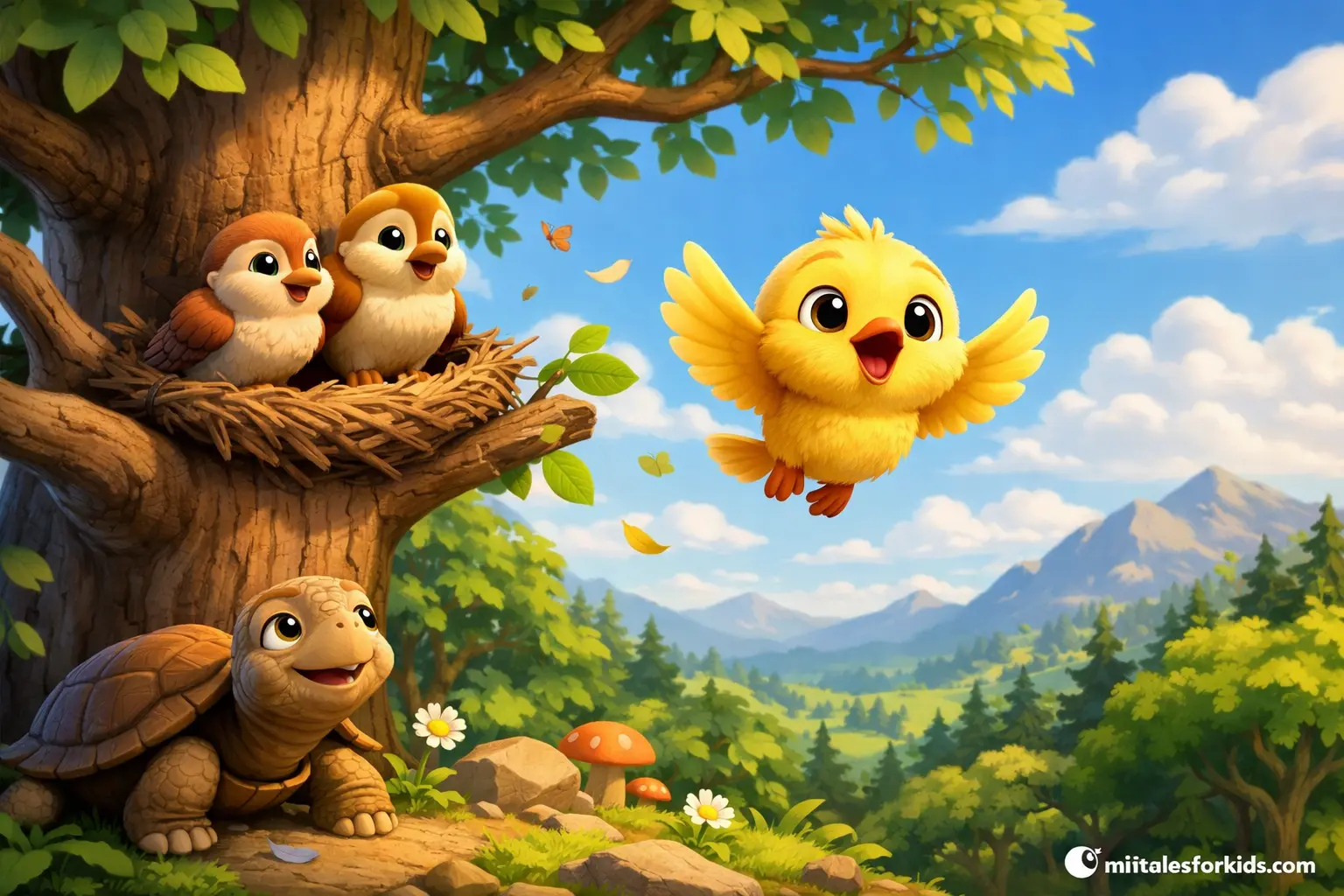 A 3D animated children's fairy tale image featuring a cute yellow bird making its first flight, and its family and turtle watching it.
