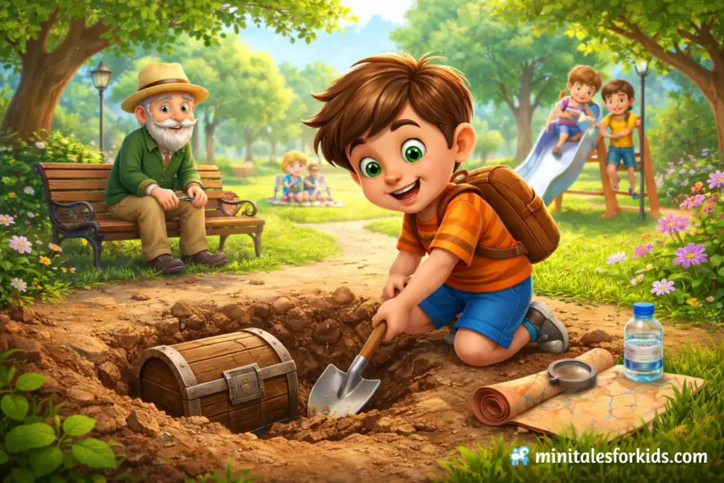 3D cartoon boy digging treasure chest in park with children playing and elderly man, kids educational kindness story illustration