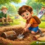3D cartoon boy digging treasure chest in park with children playing and elderly man, kids educational kindness story illustration