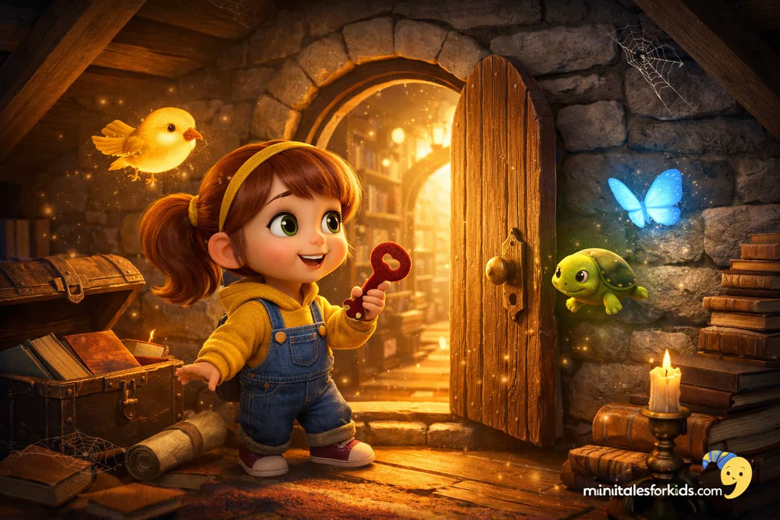 3D animated children's fairy tale illustration of a little girl holding a velvet key and opening a magic door.