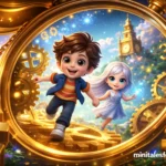 3D animated boy and magical girl exploring inside a glowing golden pocket watch with gears and clock tower