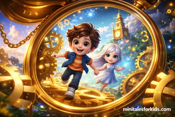 3D animated boy and magical girl exploring inside a glowing golden pocket watch with gears and clock tower
