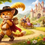 3D animated Puss in Boots cat character with young boy, royal carriage, princess and ogre near a castle in a colorful fairy tale landscape