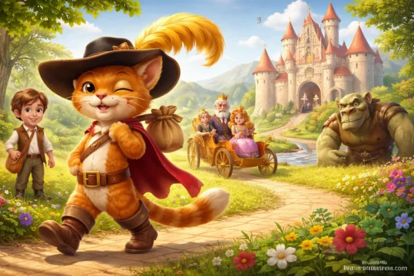 3D animated Puss in Boots cat character with young boy, royal carriage, princess and ogre near a castle in a colorful fairy tale landscape