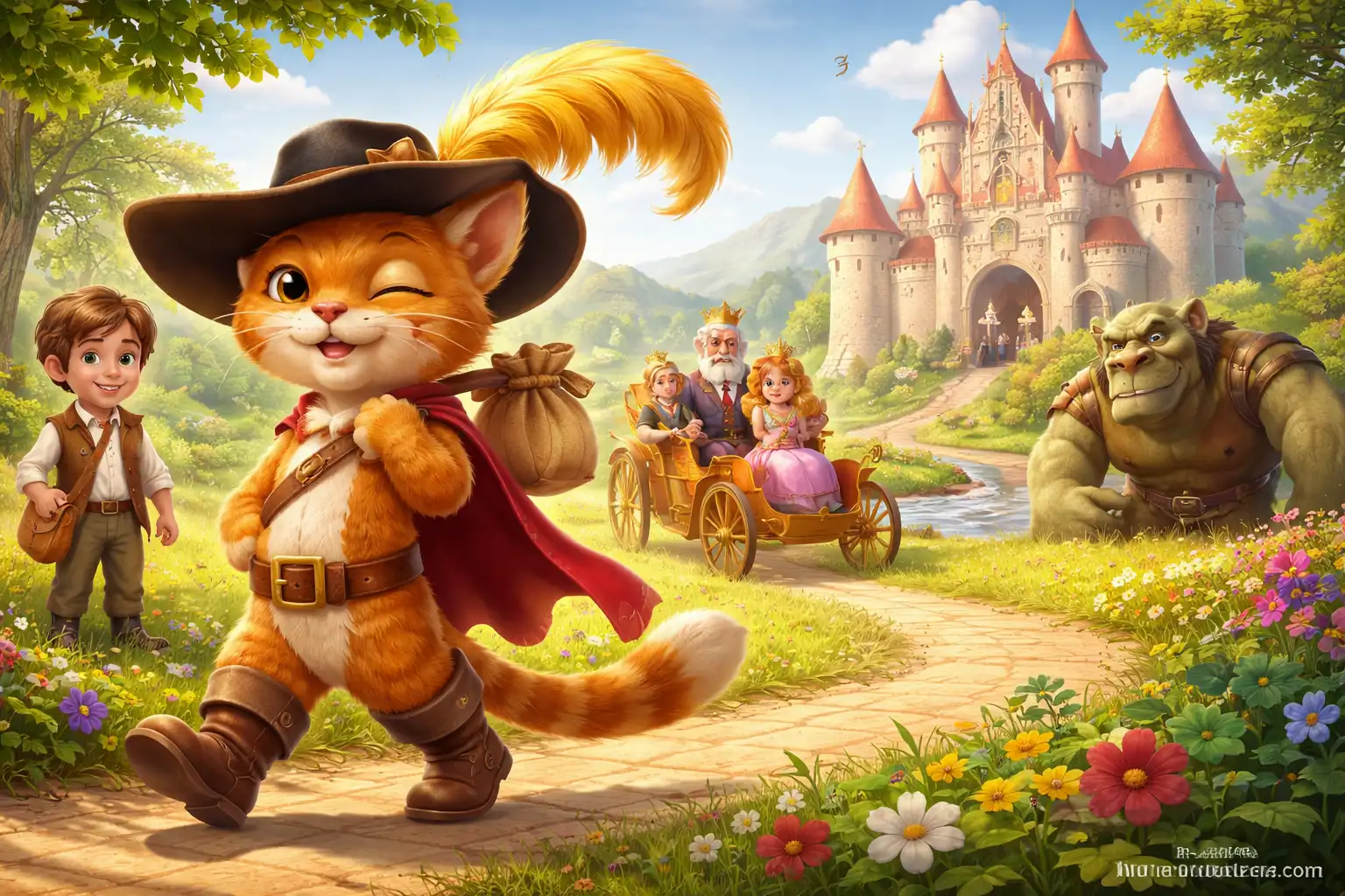 3D animated Puss in Boots cat character with young boy, royal carriage, princess and ogre near a castle in a colorful fairy tale landscape