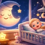 3D animated illustration of a smiling moon watching over a happy baby sleeping peacefully in a cozy nursery at night