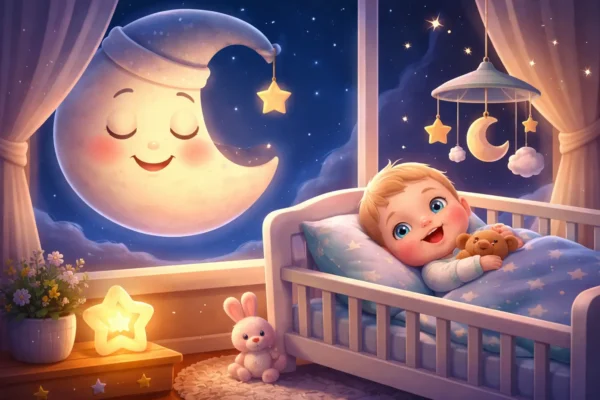 3D animated illustration of a smiling moon watching over a happy baby sleeping peacefully in a cozy nursery at night