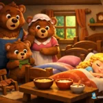 A 3D animated fairytale scene where Golden Curl's three bears sleep in a small bed at home, while the bear family watches in amazement.