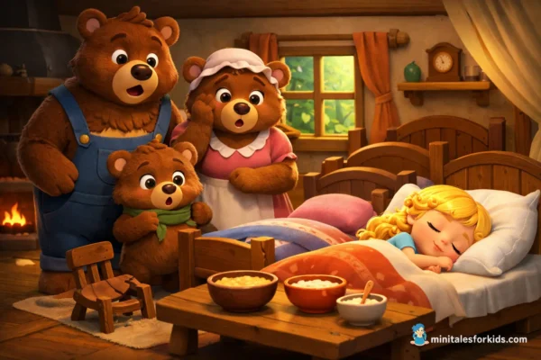 A 3D animated fairytale scene where Golden Curl's three bears sleep in a small bed at home, while the bear family watches in amazement.