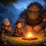 3D animated scene of a young silent warrior sitting by a campfire with villagers and a gentle giant in a magical forest