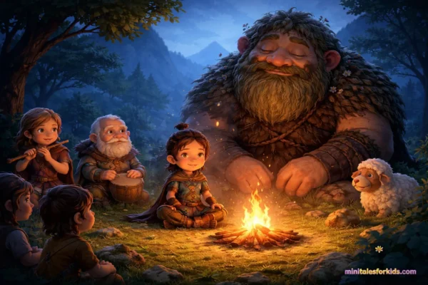 3D animated scene of a young silent warrior sitting by a campfire with villagers and a gentle giant in a magical forest