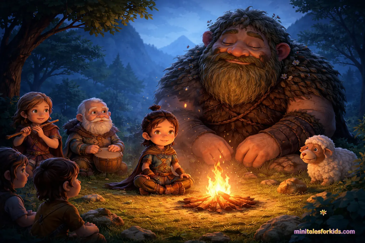 3D animated scene of a young silent warrior sitting by a campfire with villagers and a gentle giant in a magical forest