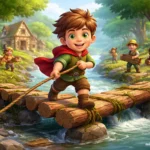 3D animated illustration of a brave little boy building a wooden bridge with villagers over a river in a forest village