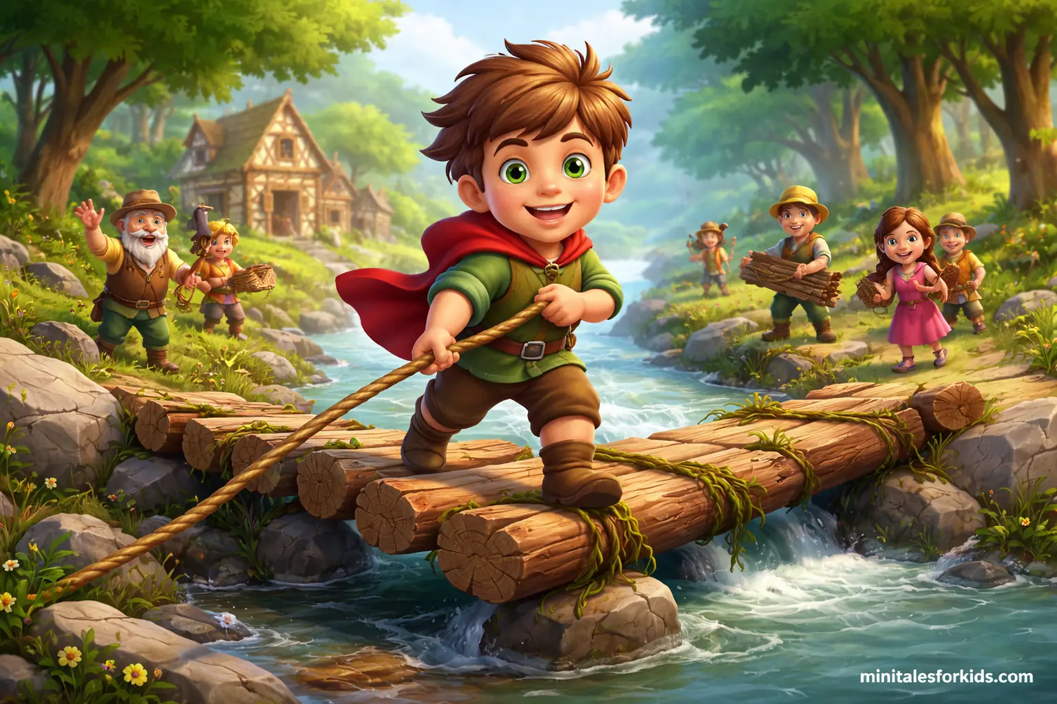 3D animated illustration of a brave little boy building a wooden bridge with villagers over a river in a forest village