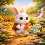 A 3D animated educational children's story scene where a little rabbit walks through the forest with a carrot and meets a hedgehog and a turtle.