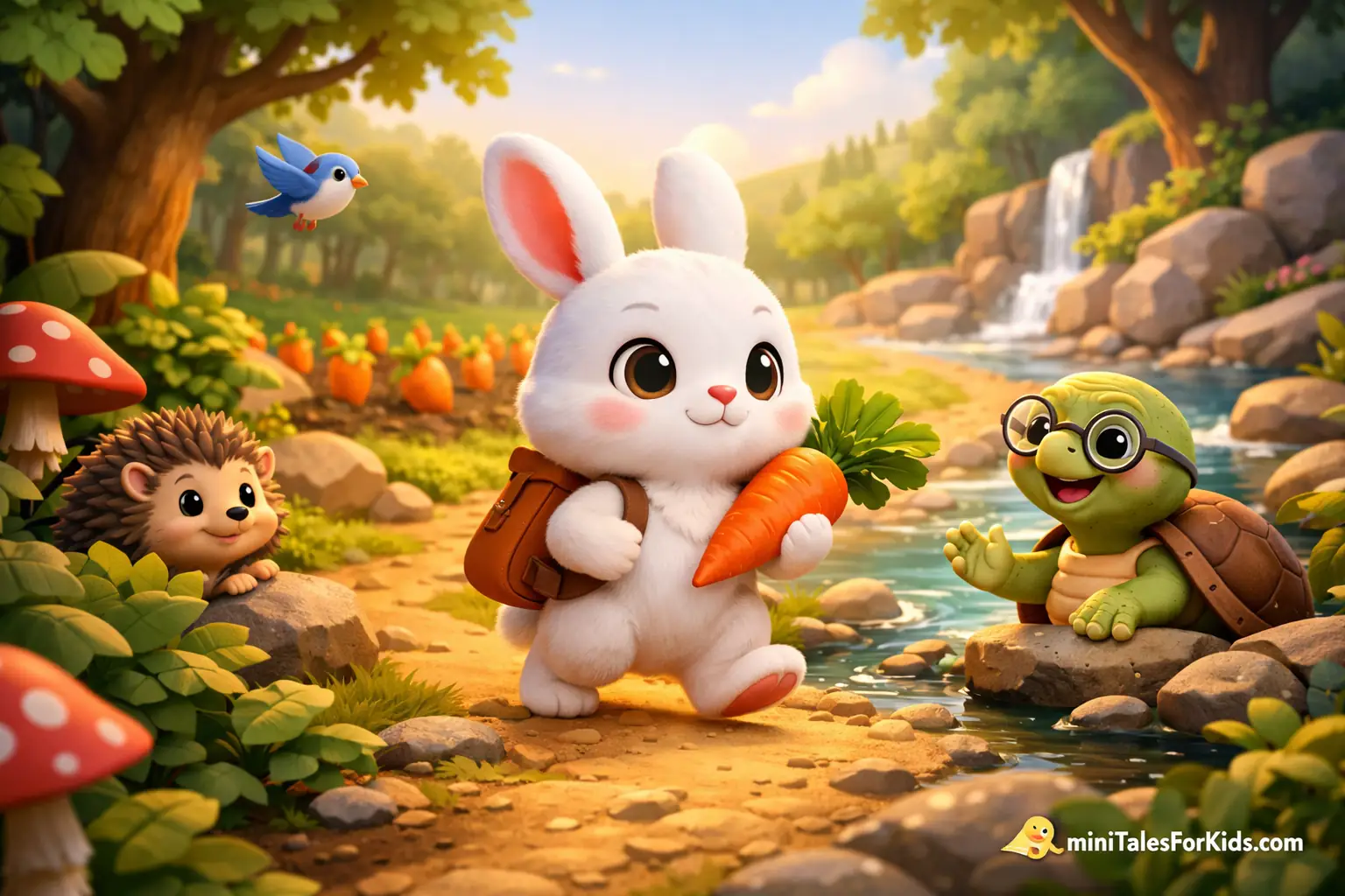 A 3D animated educational children's story scene where a little rabbit walks through the forest with a carrot and meets a hedgehog and a turtle.