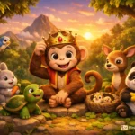3D illustration of the Monkey King wearing a crown with forest animals including a rabbit, turtle, panda, bird, and deer in a magical forest for a children's story.