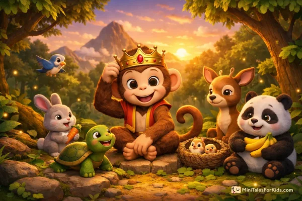 3D illustration of the Monkey King wearing a crown with forest animals including a rabbit, turtle, panda, bird, and deer in a magical forest for a children's story.