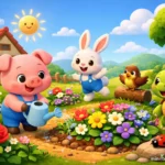 A 3D animated image depicting an educational children's story about a little pink pig and her animal friends working together in a garden full of colorful flowers.