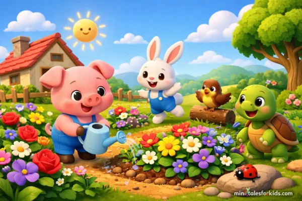 A 3D animated image depicting an educational children's story about a little pink pig and her animal friends working together in a garden full of colorful flowers.