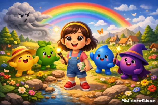 A 3D animated fairy tale illustration featuring a scene from an educational children's story about the transformation of colors, with color characters and a little girl.