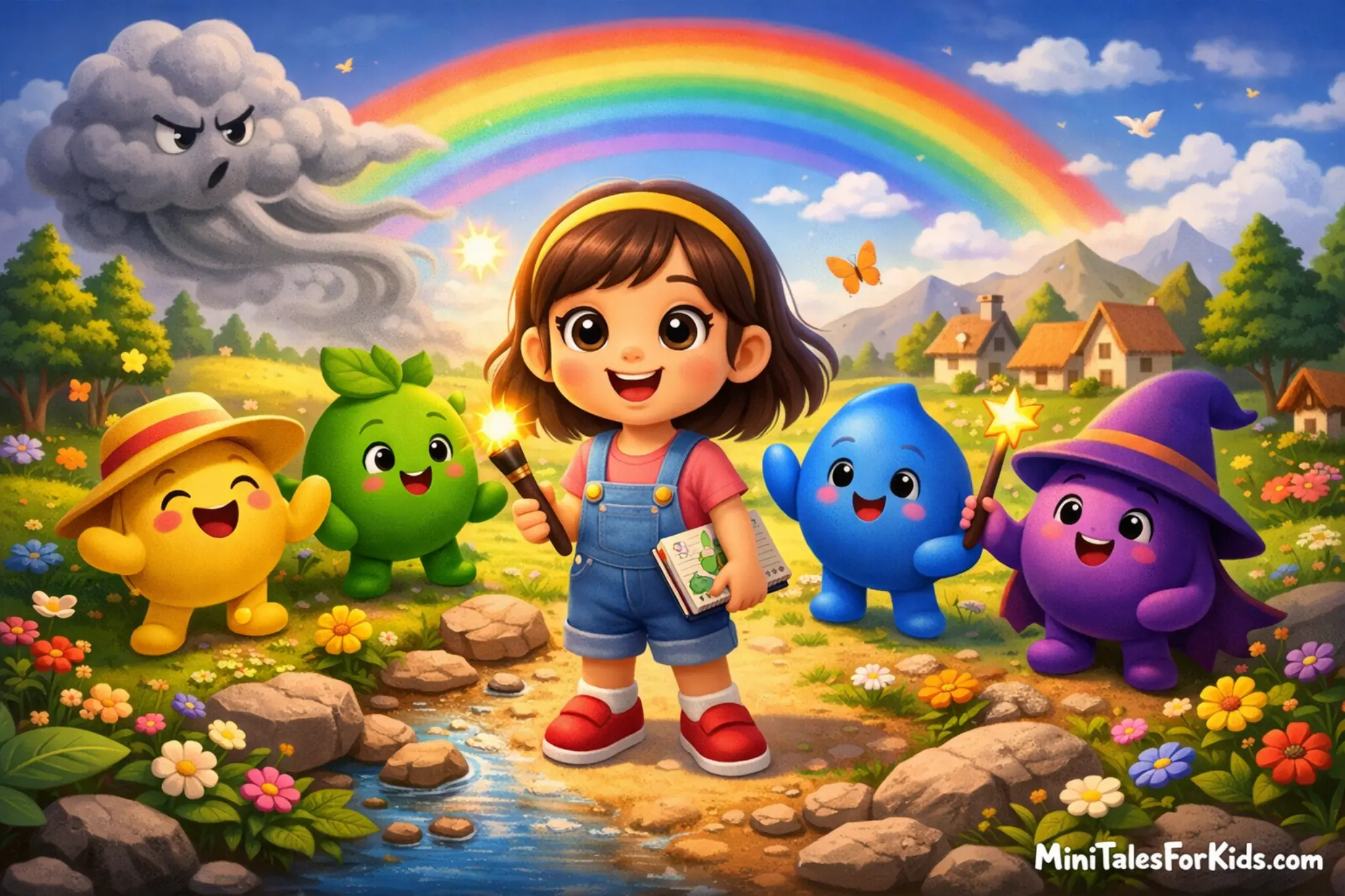 A 3D animated fairy tale illustration featuring a scene from an educational children's story about the transformation of colors, with color characters and a little girl.