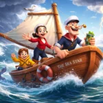Popeye sailing a small boat through stormy ocean waves with Olive Oyl and a child in a colorful 3D animated style
