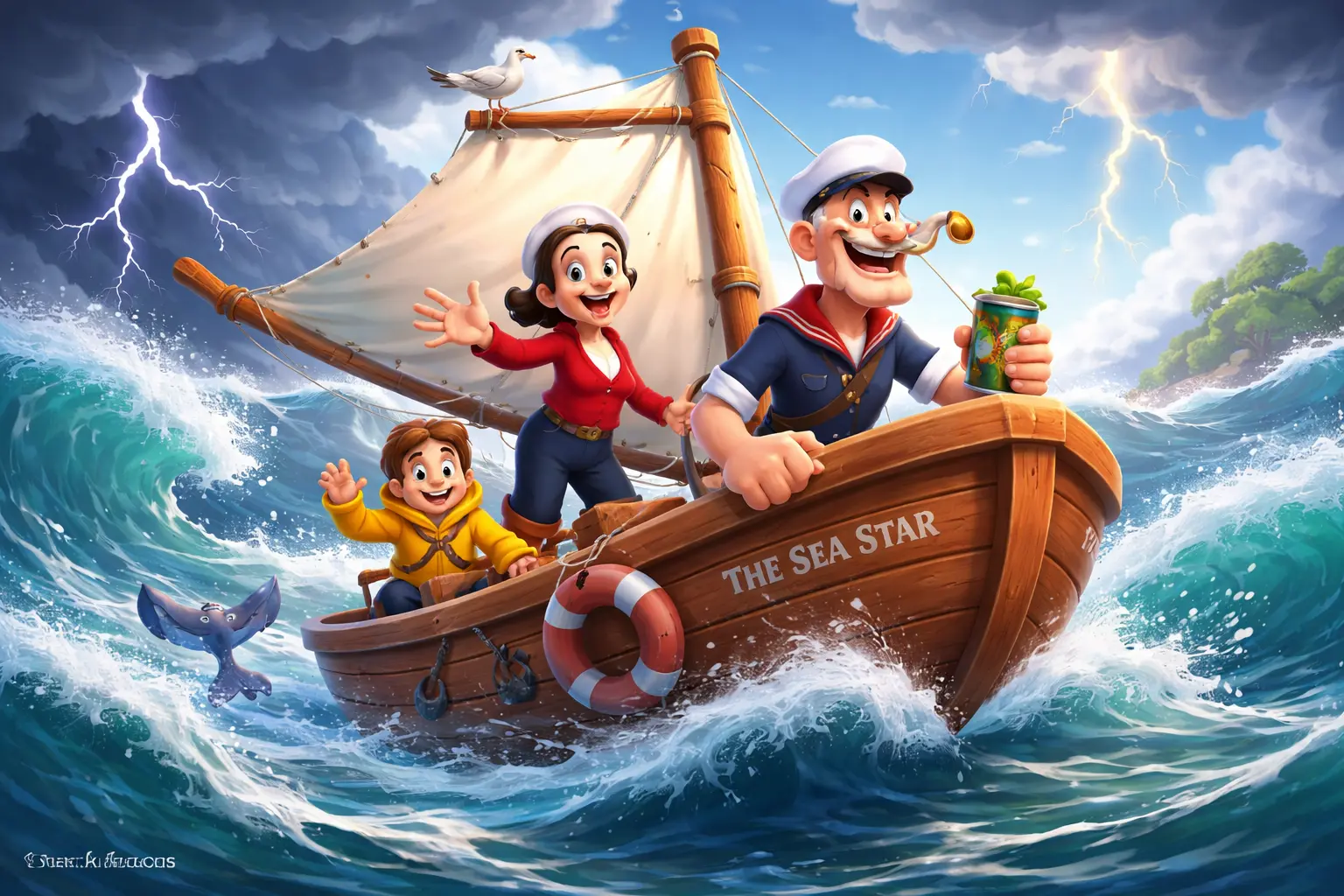 Popeye sailing a small boat through stormy ocean waves with Olive Oyl and a child in a colorful 3D animated style