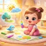 Cute baby drawing with magical rainbow crayon in a colorful nursery 3D illustration for kids story