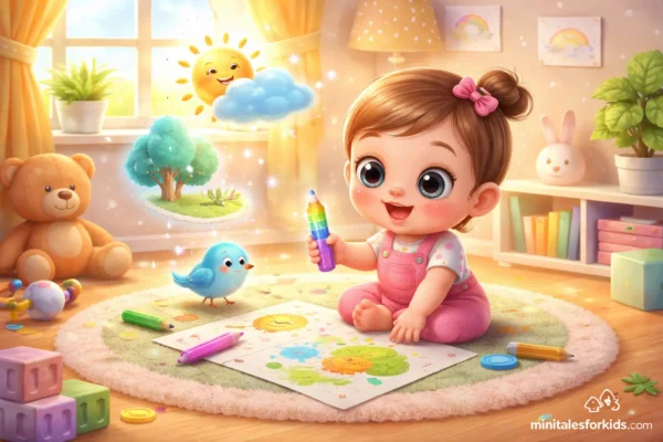 Cute baby drawing with magical rainbow crayon in a colorful nursery 3D illustration for kids story