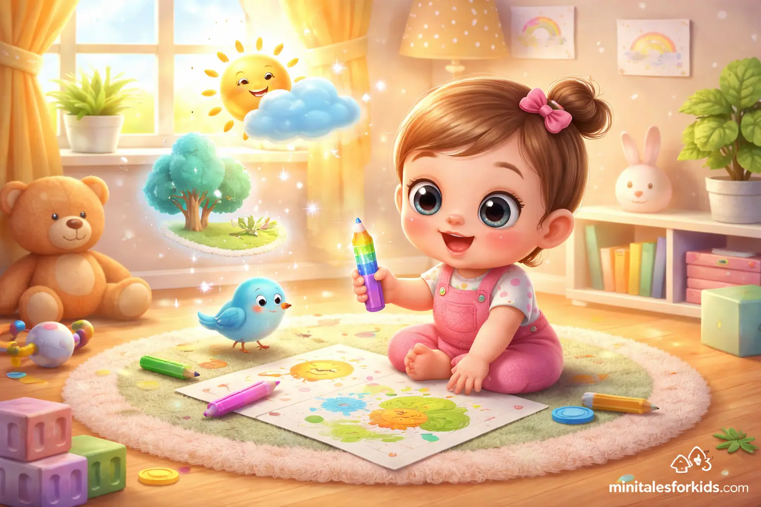 Cute baby drawing with magical rainbow crayon in a colorful nursery 3D illustration for kids story