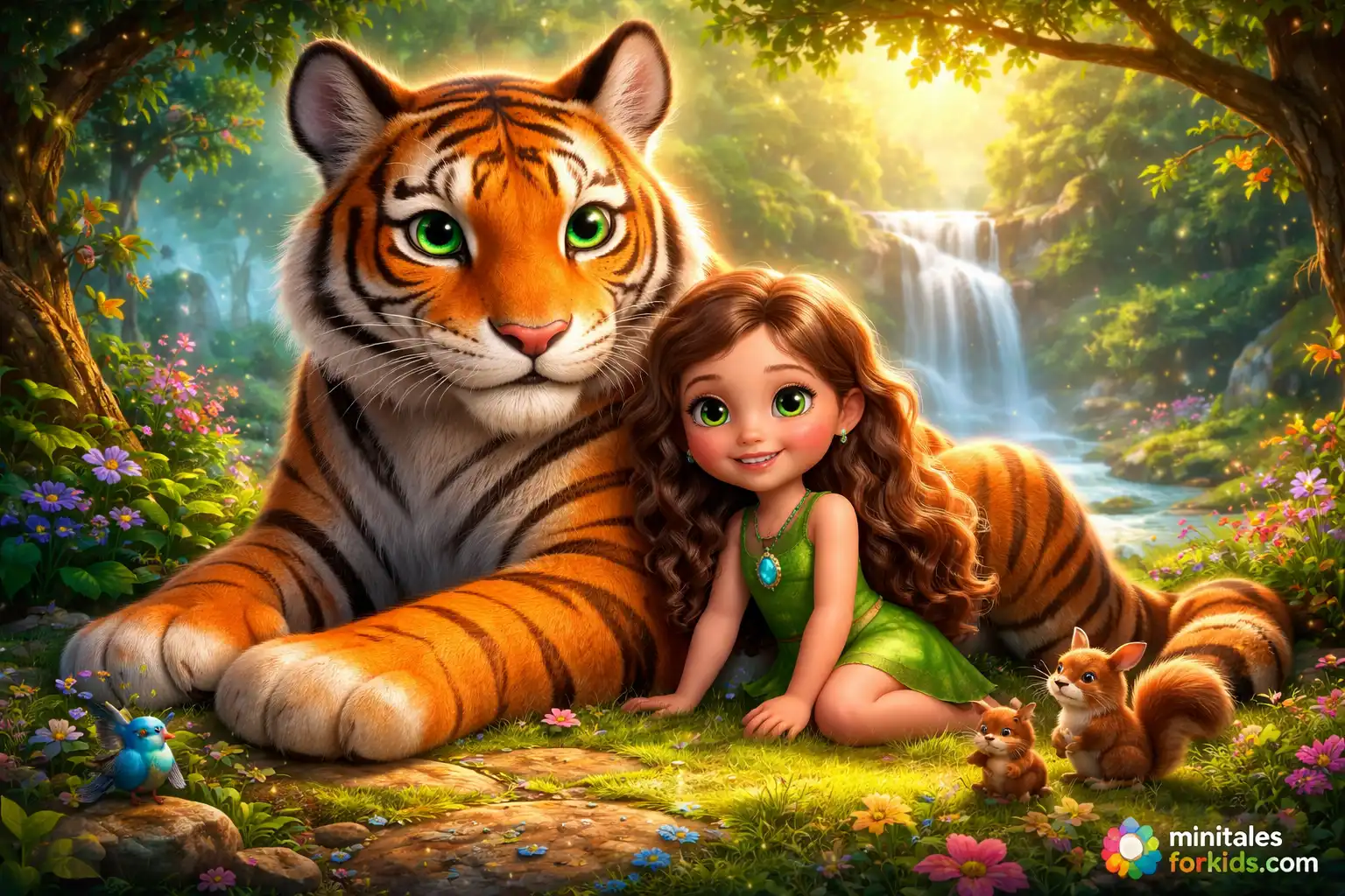 3D animated tiger and little girl with emerald pendant sitting in a magical forest with waterfall and animals