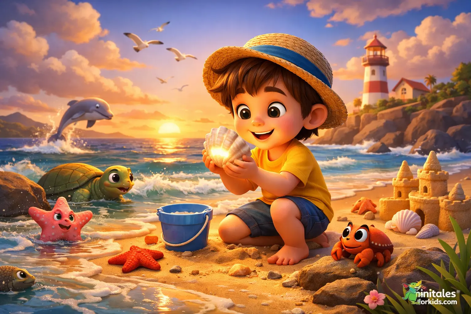 3D animated illustration of a happy boy holding a glowing seashell on a sunny beach with sea animals, inspired by a children’s educational fairy tale.