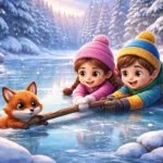 Children helping a fox on a frozen lake in a snowy forest, 3D animated kids story illustration