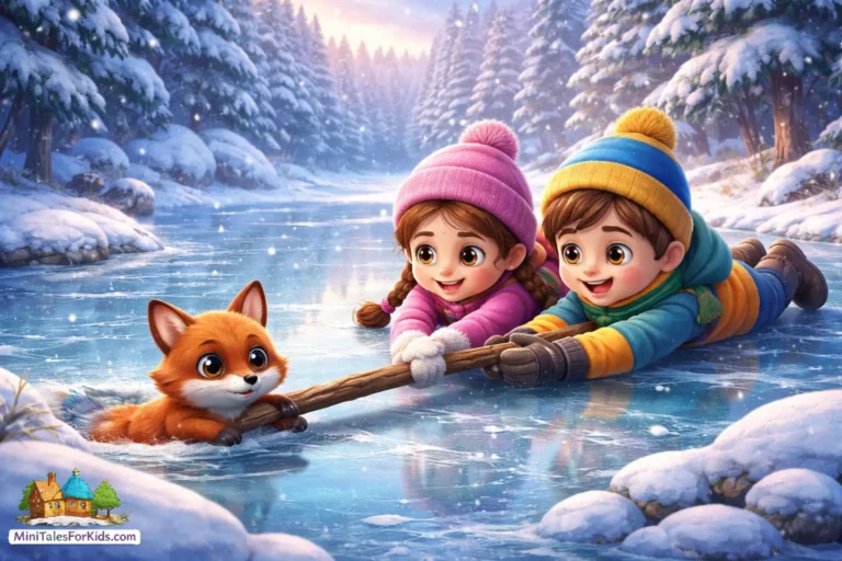 Children helping a fox on a frozen lake in a snowy forest, 3D animated kids story illustration