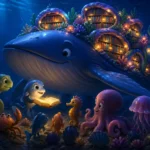 3D animated whale with a glowing magical library on its back in a colorful underwater ocean scene for children
