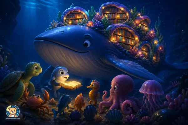 3D animated whale with a glowing magical library on its back in a colorful underwater ocean scene for children