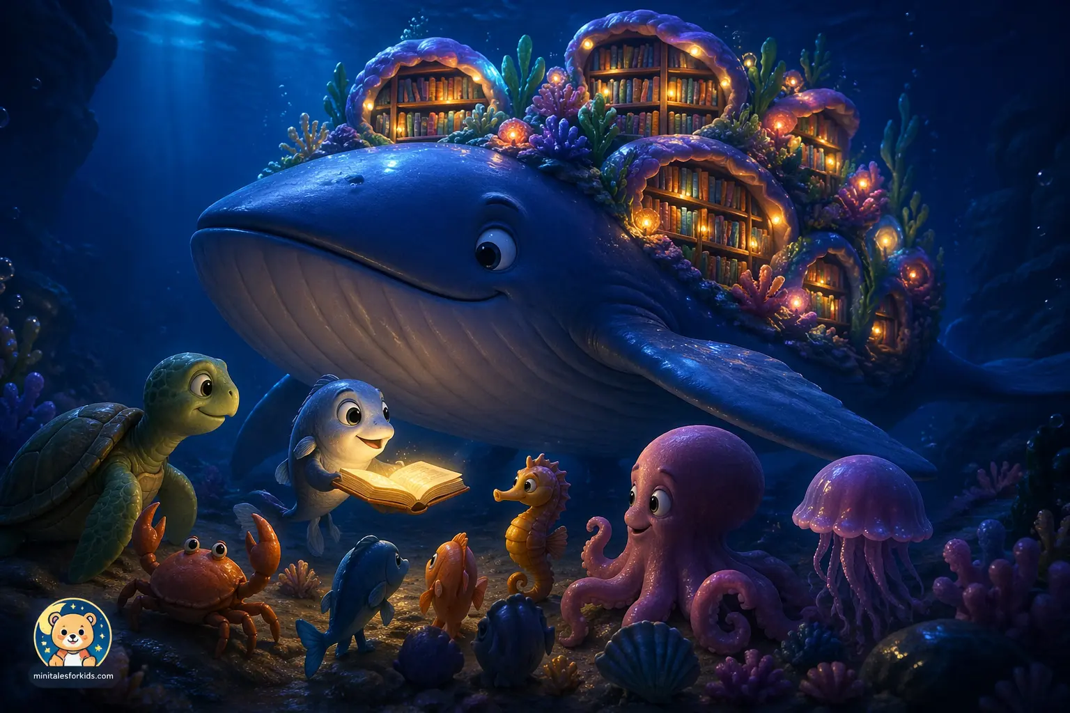 3D animated whale with a glowing magical library on its back in a colorful underwater ocean scene for children