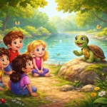 3D animated illustration of children listening to a talking turtle by a peaceful lake surrounded by trees and flowers