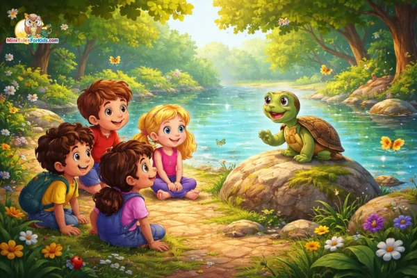 3D animated illustration of children listening to a talking turtle by a peaceful lake surrounded by trees and flowers