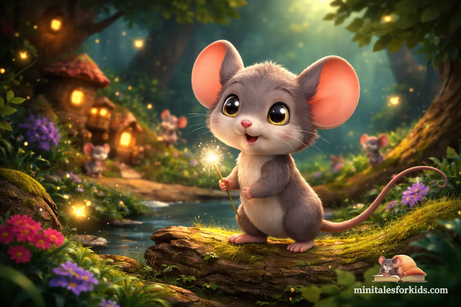 Cute 3D animated mouse holding a glowing dandelion in a magical forest, representing a brave invisible mouse story for kids